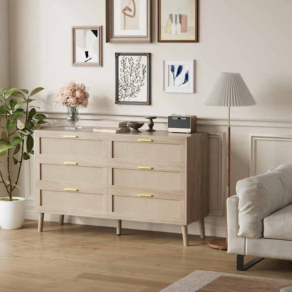 6 Drawer Double Dresser for Bedroom, Rattan Chest of Dressers, Modern Wooden Dresser Chest with 6 Drawer & Gold Handles, Beside Table for Closet, Living Room and Entryway