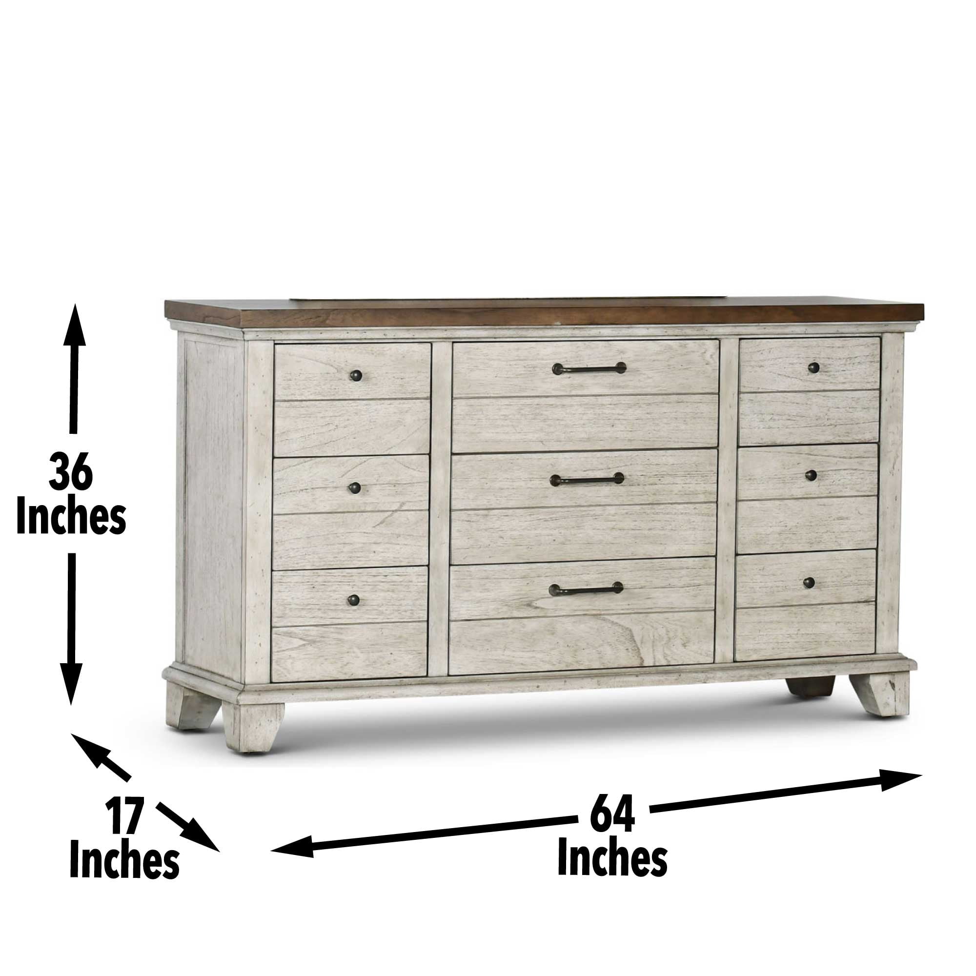 Steve Silver Bear Creek Rustic Horizontal Dresser with 9 Drawers, Whitewashed Gray