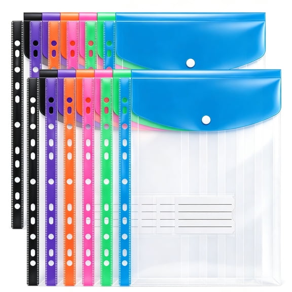 12 Pack Plastic Envelopes Binder Pocket Vertical11 Holes Expandable Binder Folders for 2/3/4 Ring Document Pouch with Snap Button & Label Loose-Leaf Transparent