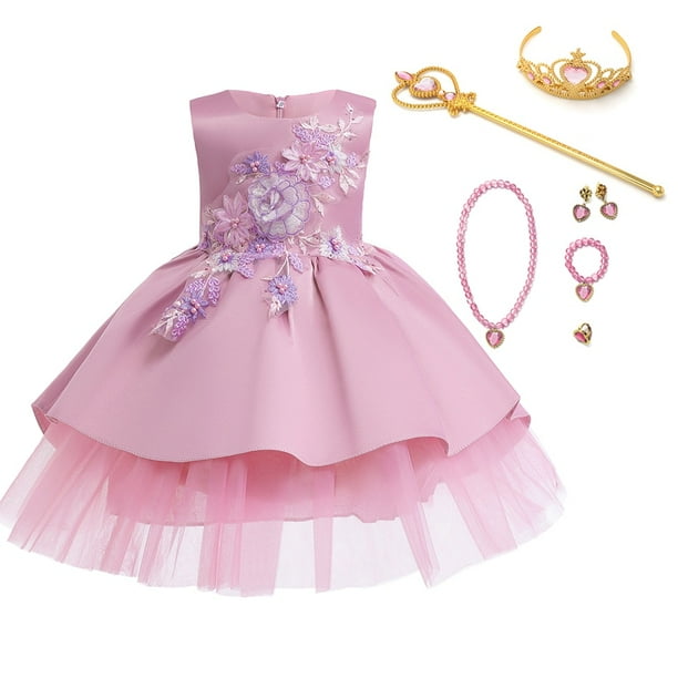 Vestidos de encaje para niñas pequeñas, flores para niños, boda elegante, fiesta de princesa, vestido de tutú, cumpleaños, bautismo, ropa Formal 6-7T (Etiqueta 130) Gao Jinjia LED