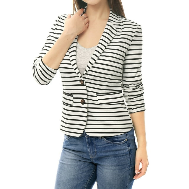 INSPIRE CHIC Women's Notched Lapel Long Sleeves Button Striped Blazer L White
