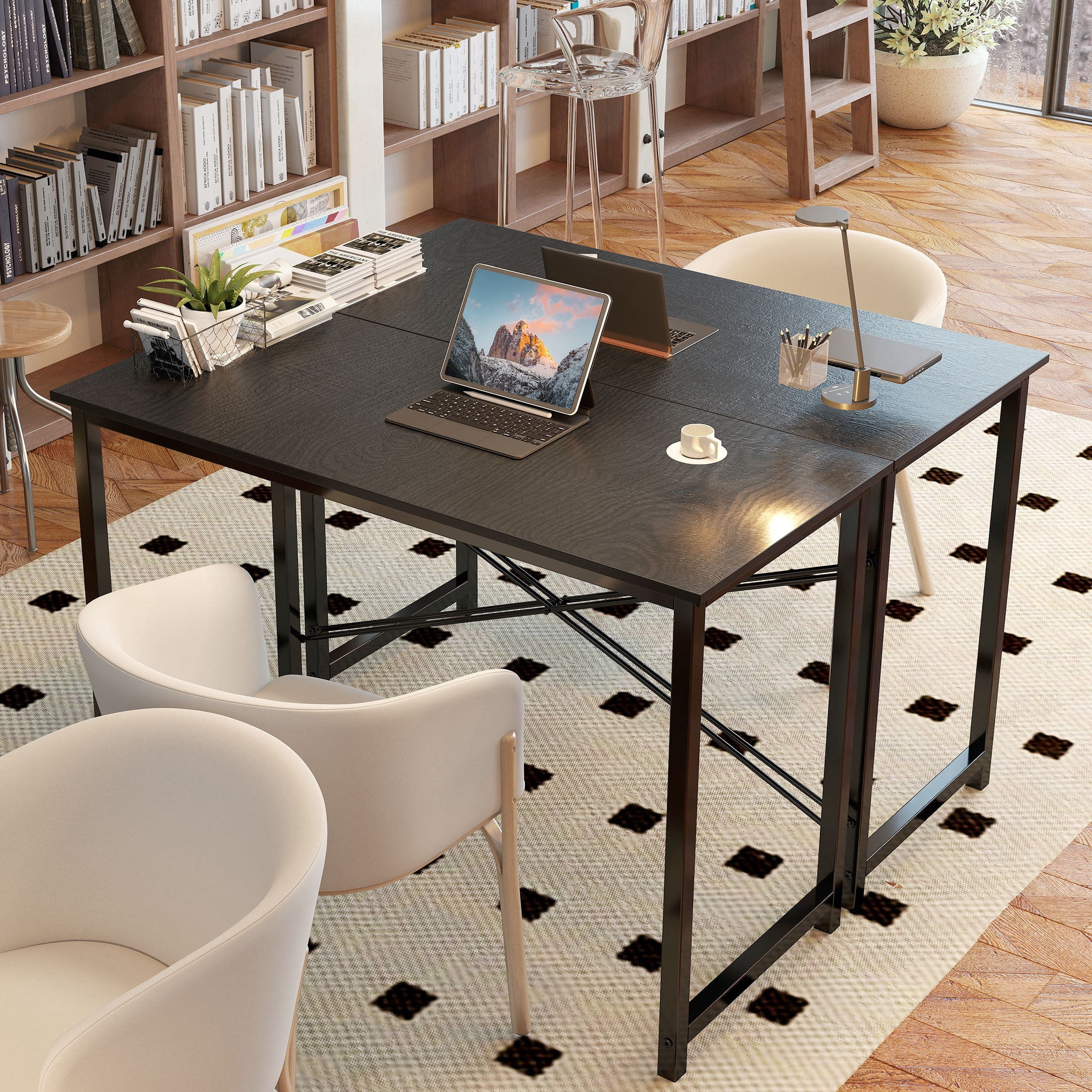 EDX Computer Desk 47 Inch Writing Desk with Storage Bag Iron Hook Metal Frame for Home, Black