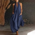 thumbnail image 4 of Women's Cotton Halter Deep V‑Neck Wide‑Leg Jumpsuit Sleeveless Loose‑Fit Casual One‑Piece Pants with Side Pockets Navy XL(XL), 4 of 7