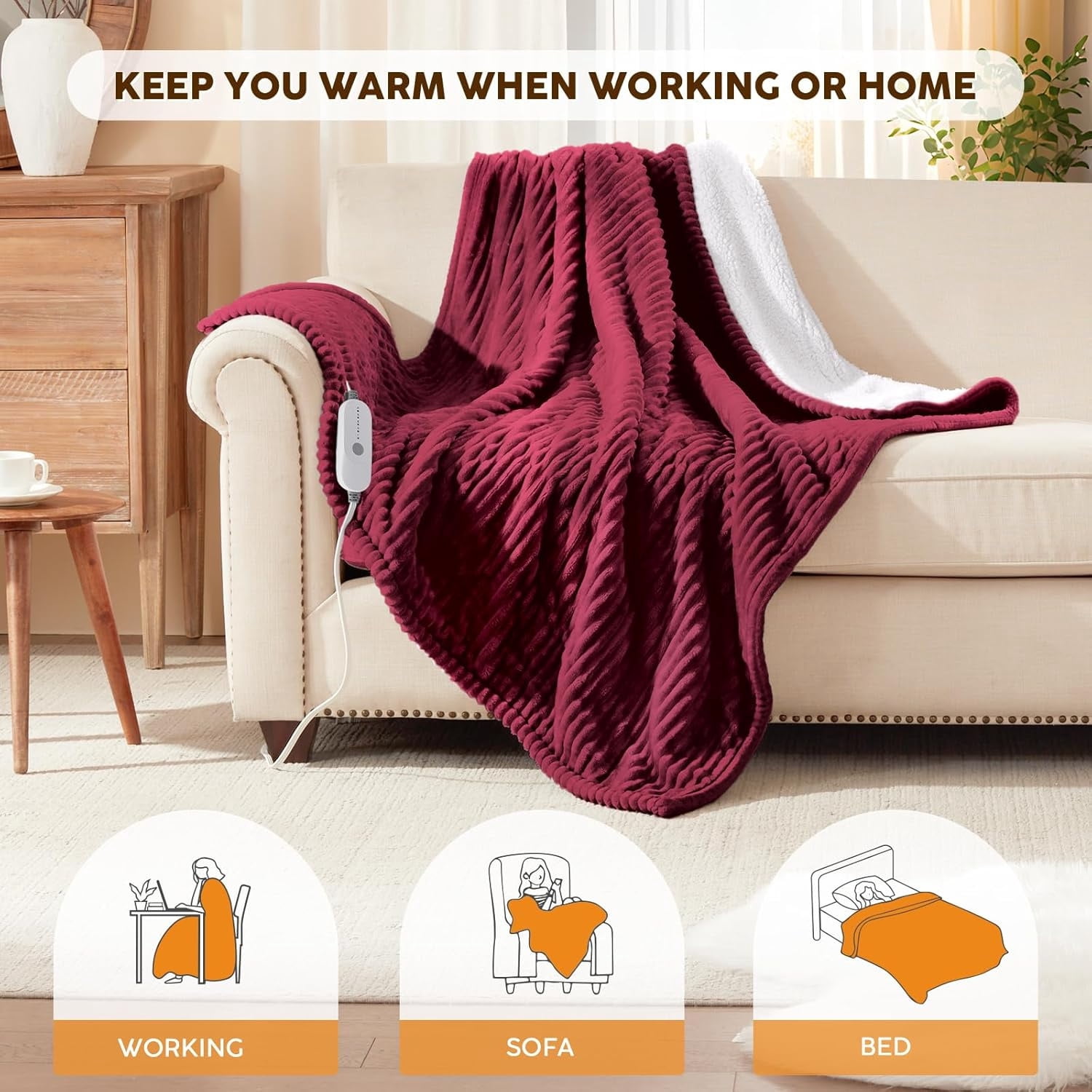 Heated Blanket Electric Twin, Soft Flannel Sherpa Heater 5 Heat Settings and 10 Hours Auto Shut-Off Heating Blanket Over-Heat Protection Machine Washable,Red