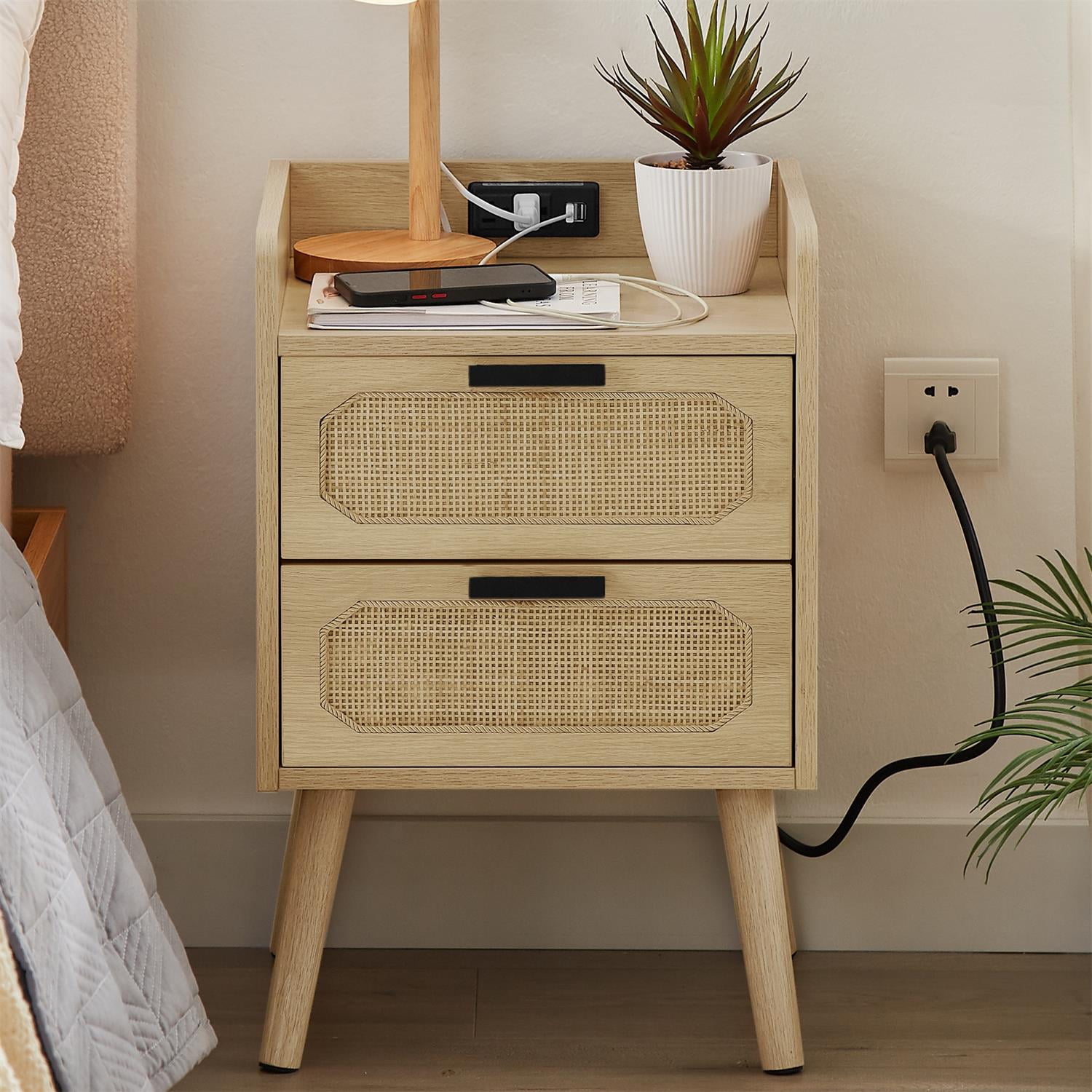 Kepooman Rattan Nightstands Set of 2, End Table with Socket and 2 Drawers, Nightstand Side Table for Home, Golden Kepooman Rattan Nightstands Set of 2, End Table with Socket and 2 Drawers, Nightstand Side Table for Home, Golden