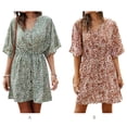 thumbnail image 4 of Robe Femme Col en V Vêtements d'Été Imprimé Floral Taille Haute Robe; Robe à Manches Courtes, Orange, m, 4 of 8