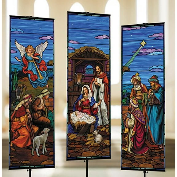 Stained Glass Nativity Scene Church Banner Set with Pole Hems, Set of 3, 2x6 Feet