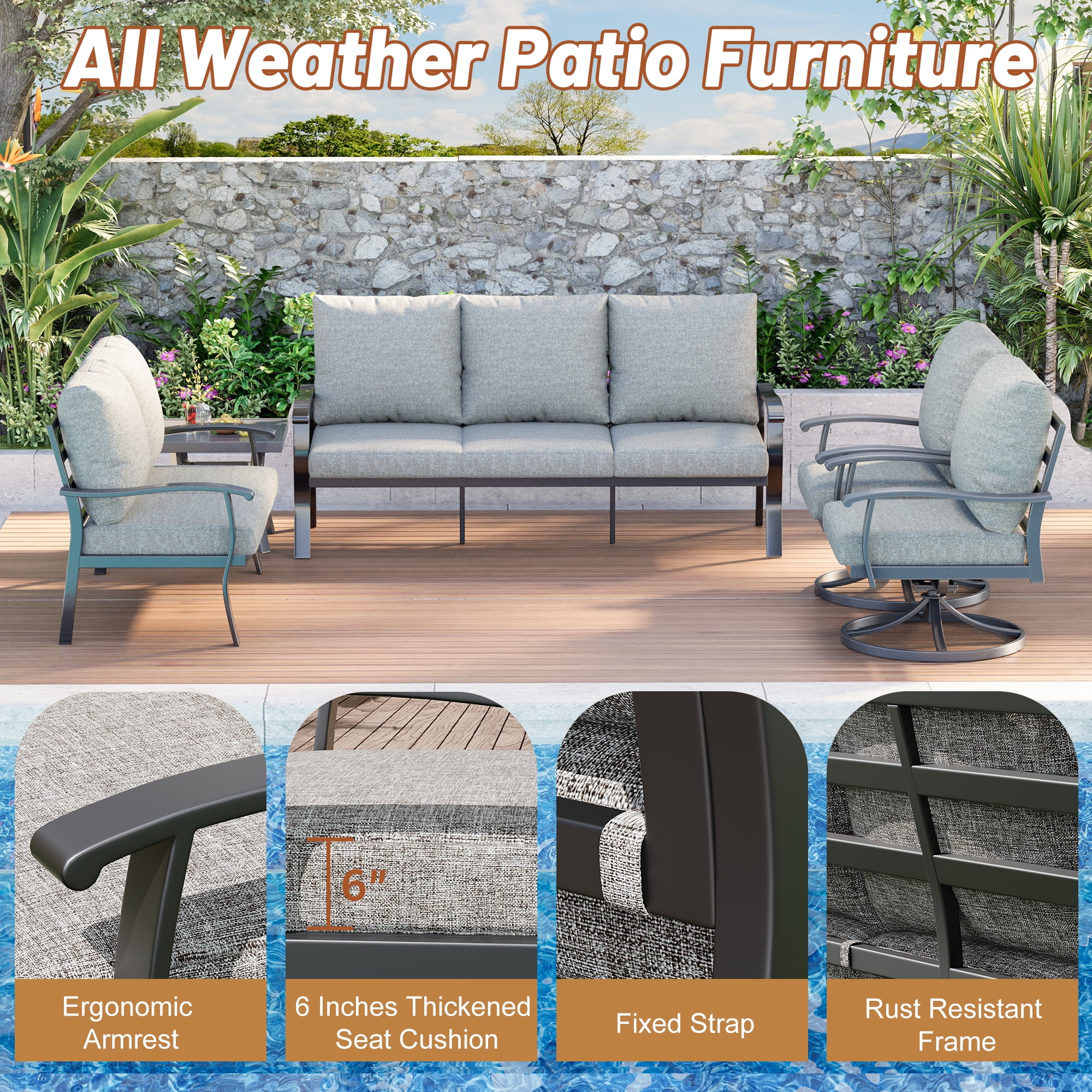 HOMREST Outdoor Furniture Thickened Cushion 360 Degree Swivel Rocking Patio Chairs and 3-Seat Sofa, Loveseat, Coffee Table, 5 PCS Metal Conversation Set for Garden, Deck and Poolside