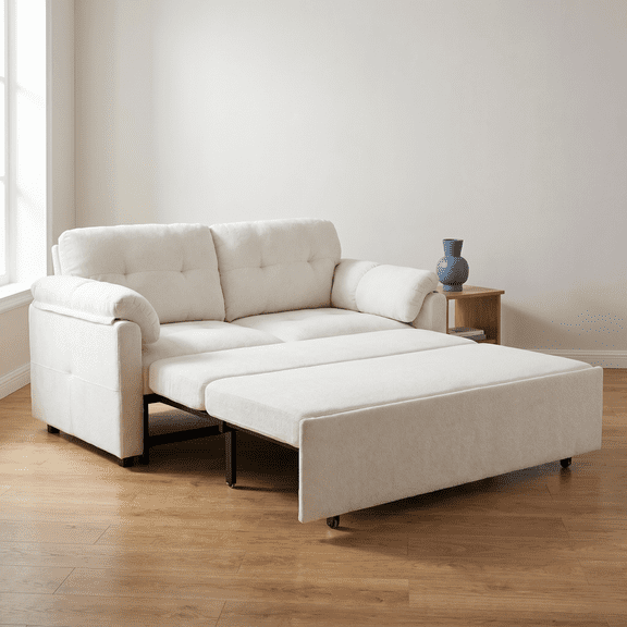 72" Chenille Fabric Sleeper Loveseat Couch, Pull-Out Couch Bed with Silent Casters, Convertible Loveseat Sofa Bed with Side Storage for Living Rooms, Studios, Beige