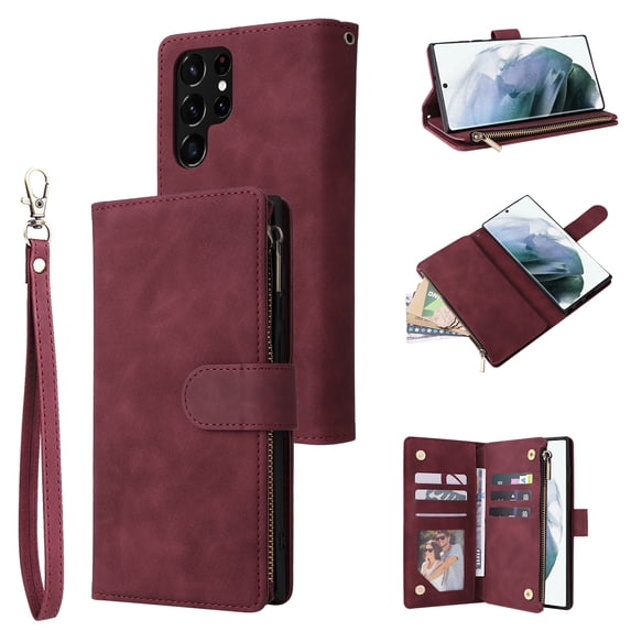 Zipper Wallet Case for Samsung Galaxy S22 Ultra with Large Capacity Card Slots Holder Flip Folio Cover, Premium PU Leather Magnetic Clasp Wrist Strap Kickstand Soft Silicone Shockproof Case,Winered