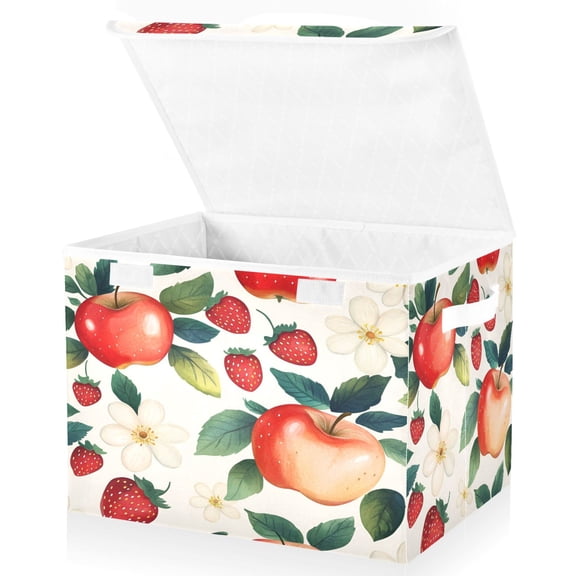 Yayeee Collapsible Cube Storage Bin with Lid Fabric Closet Decorative Basket with Handles, Strawberry Pattern