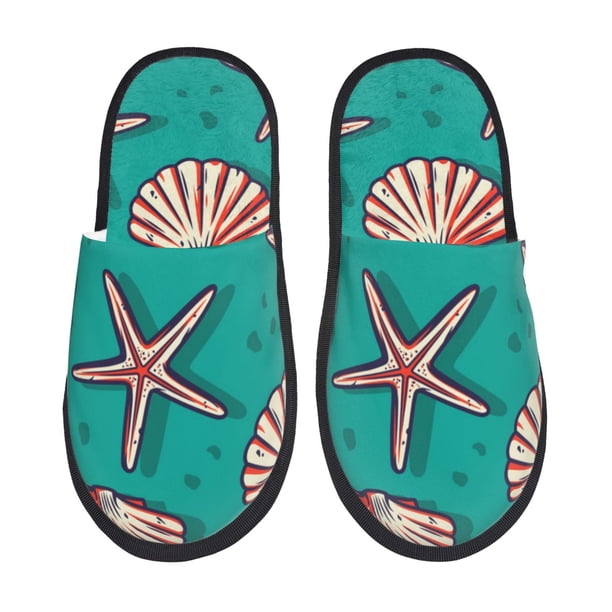 Fotbe Starfish and Shell Pantuflas Peludas para Mujer con Estampado, Zapatillas de Peluche, Zapatos de Invierno para Casa, Uso Interior y Exterior-Large