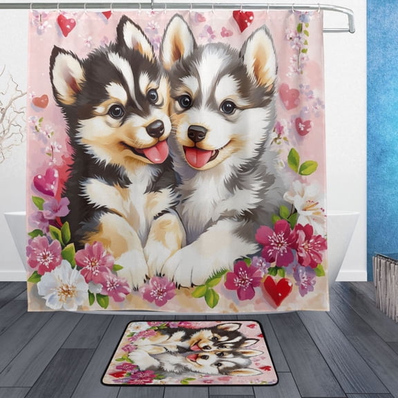BZSMCE Shower Curtain and Bath Accessory Set,Two Puppies Surrounded by Flowers Pattern