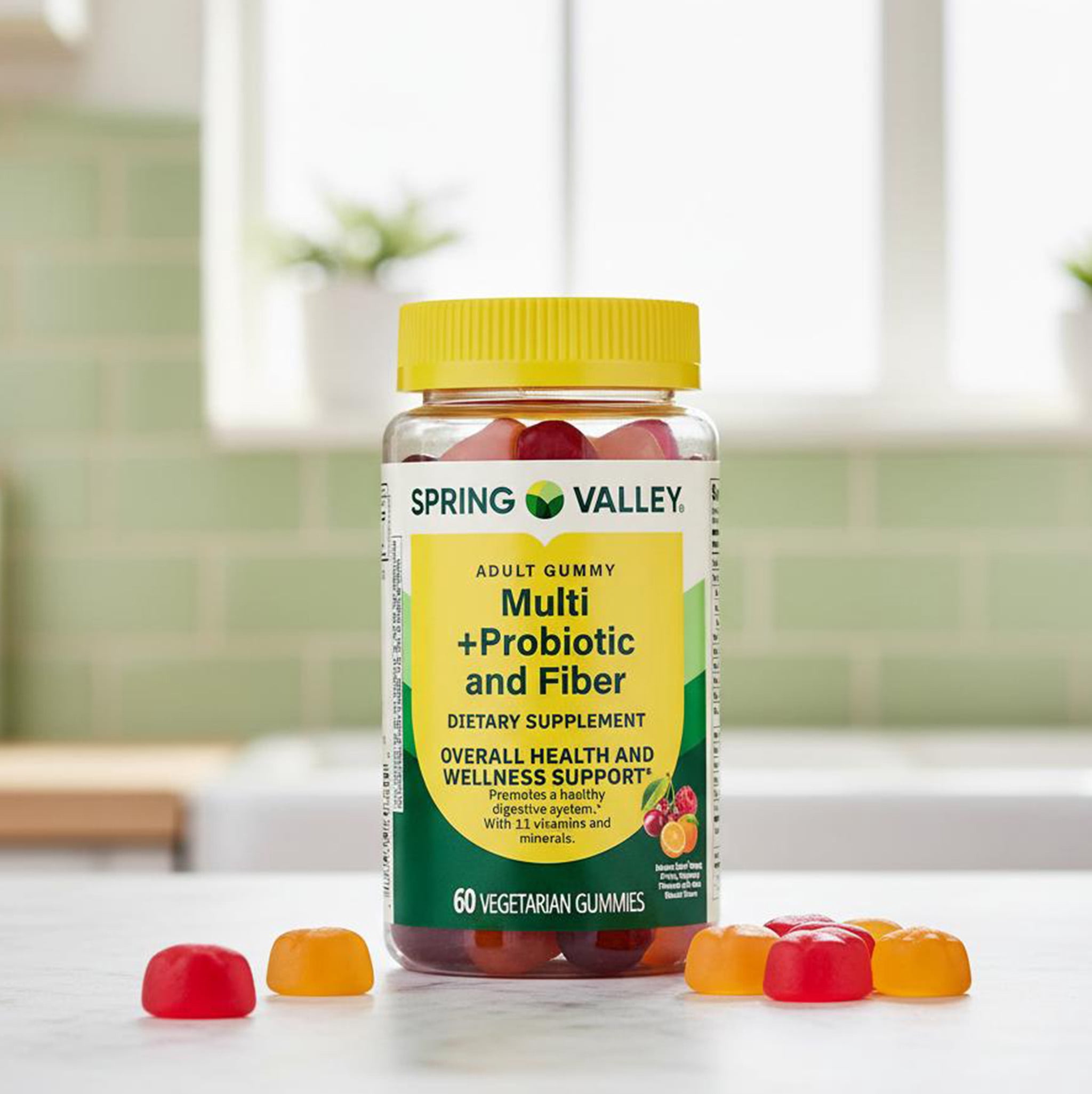 Spring Valley Multi + Probiotic and Fiber Adult Vegetarian Gummies for Overall Health and Wellness Support, Blood Orange/Cherry/Raspberry, 60 Count