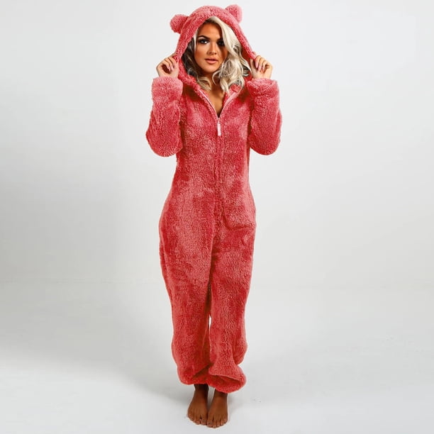 Pijama Augper de manga larga para mujer, mono de peluche con capucha, informal, cálido, para invierno