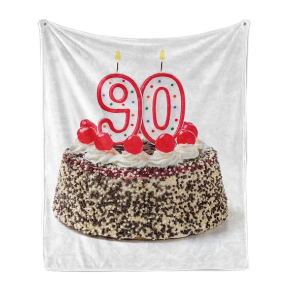 90th Birthday Soft Flannel Fleece Throw Blanket, Birthday Cake with Tasty Cherries Burning Candles and Number 90, Cozy Plush for Indoor and Outdoor Use, 50" x 60", Red Brown White, by Ambesonne