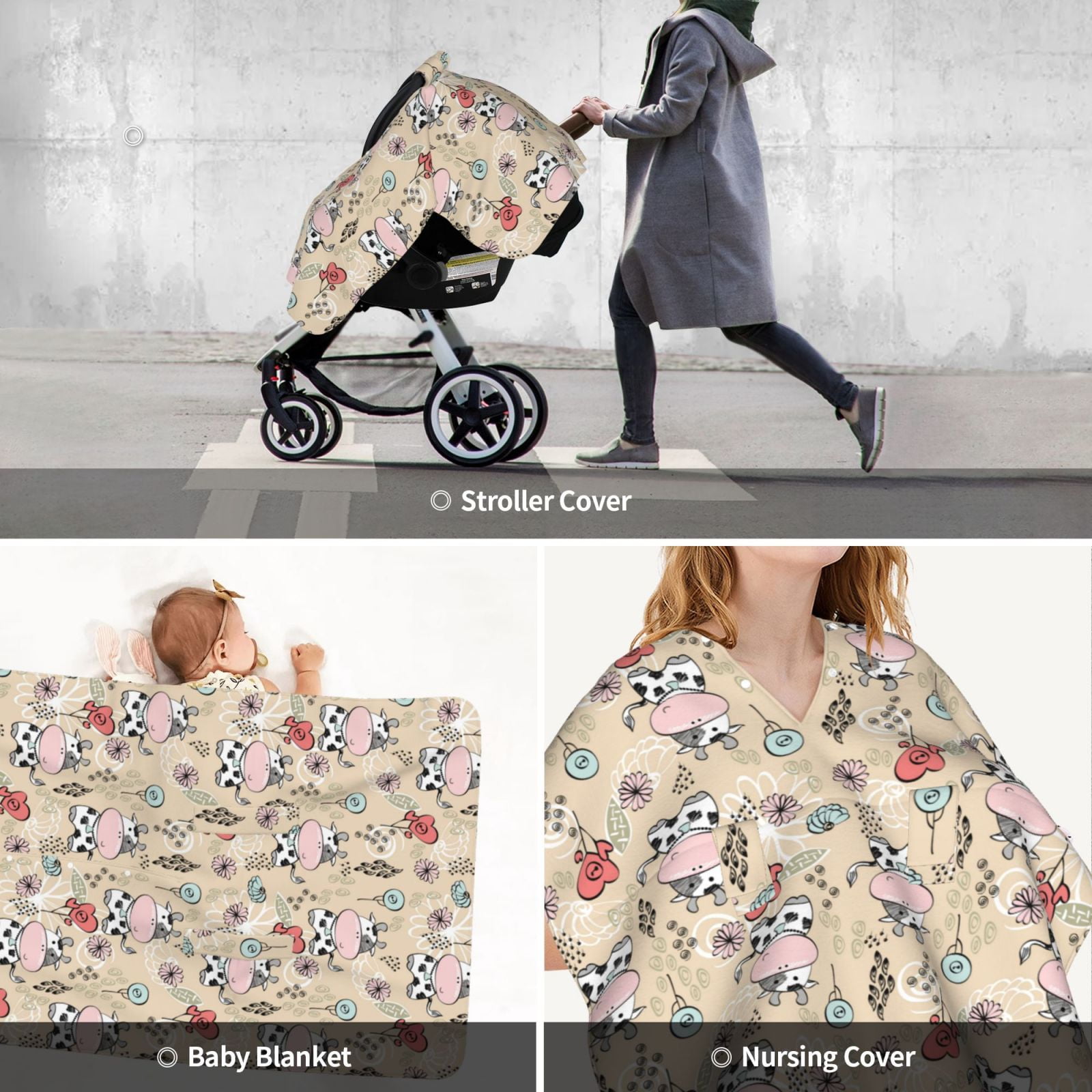 Car Seat Cover Baby - Cartoon Cute Cow Love Breathable Infant Car Seat Cover for Baby Carseat, Lightweight Comfort Baby Essentials Must Haves Newborn Stuff for Girl Boy
