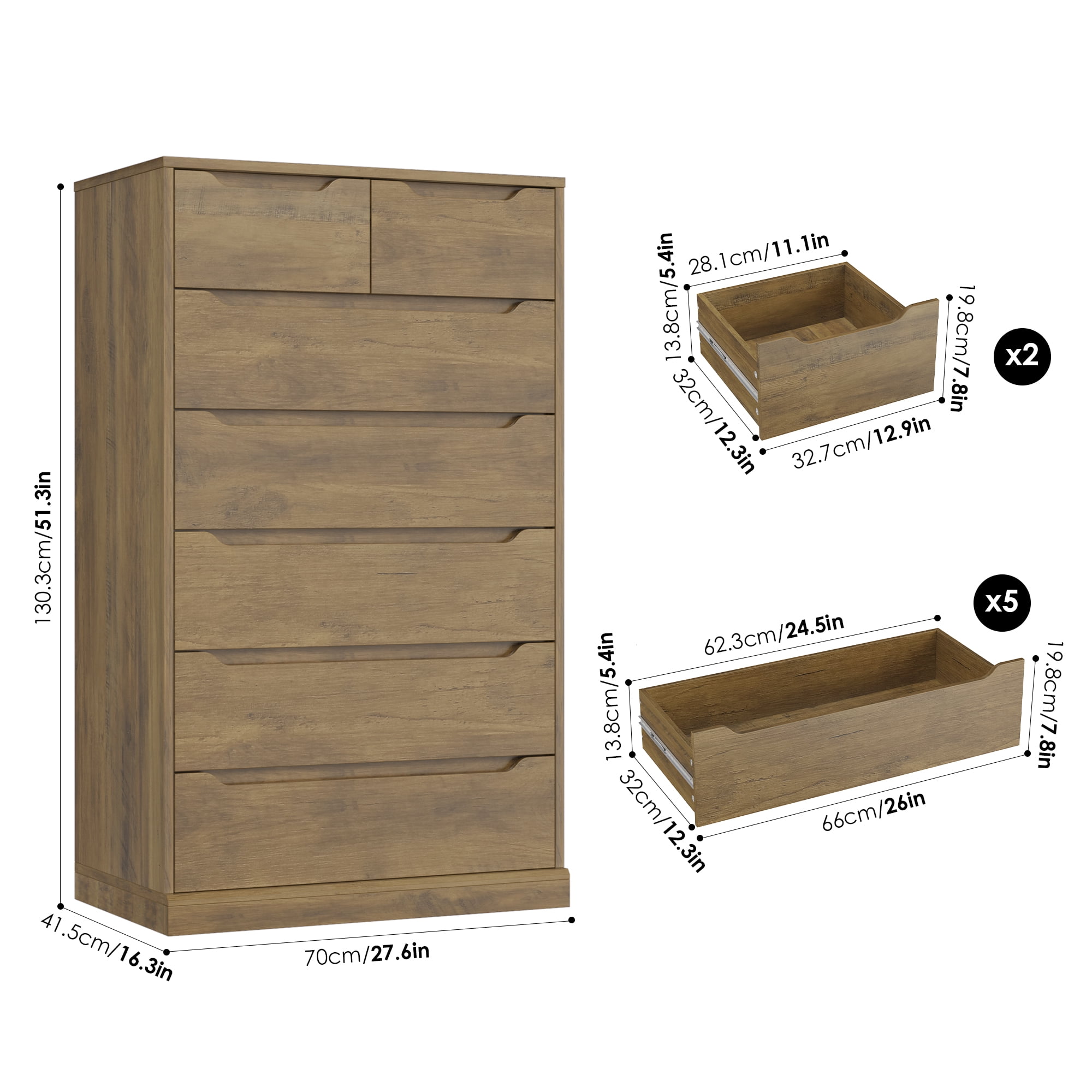 Homfa Vertical 7 Drawer Dresser, 51.3 in Tall Wood Storage Cabinet with Upgraded Stable Base for Bedroom Living Room, Rustic Brown