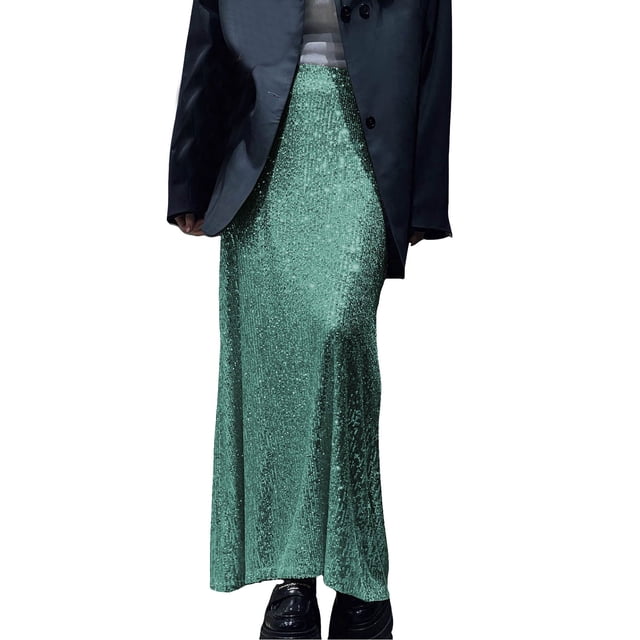 Falda larga con lentejuelas para mujer - Vestido de fiesta brillante de cintura alta - Poliéster - S-XL