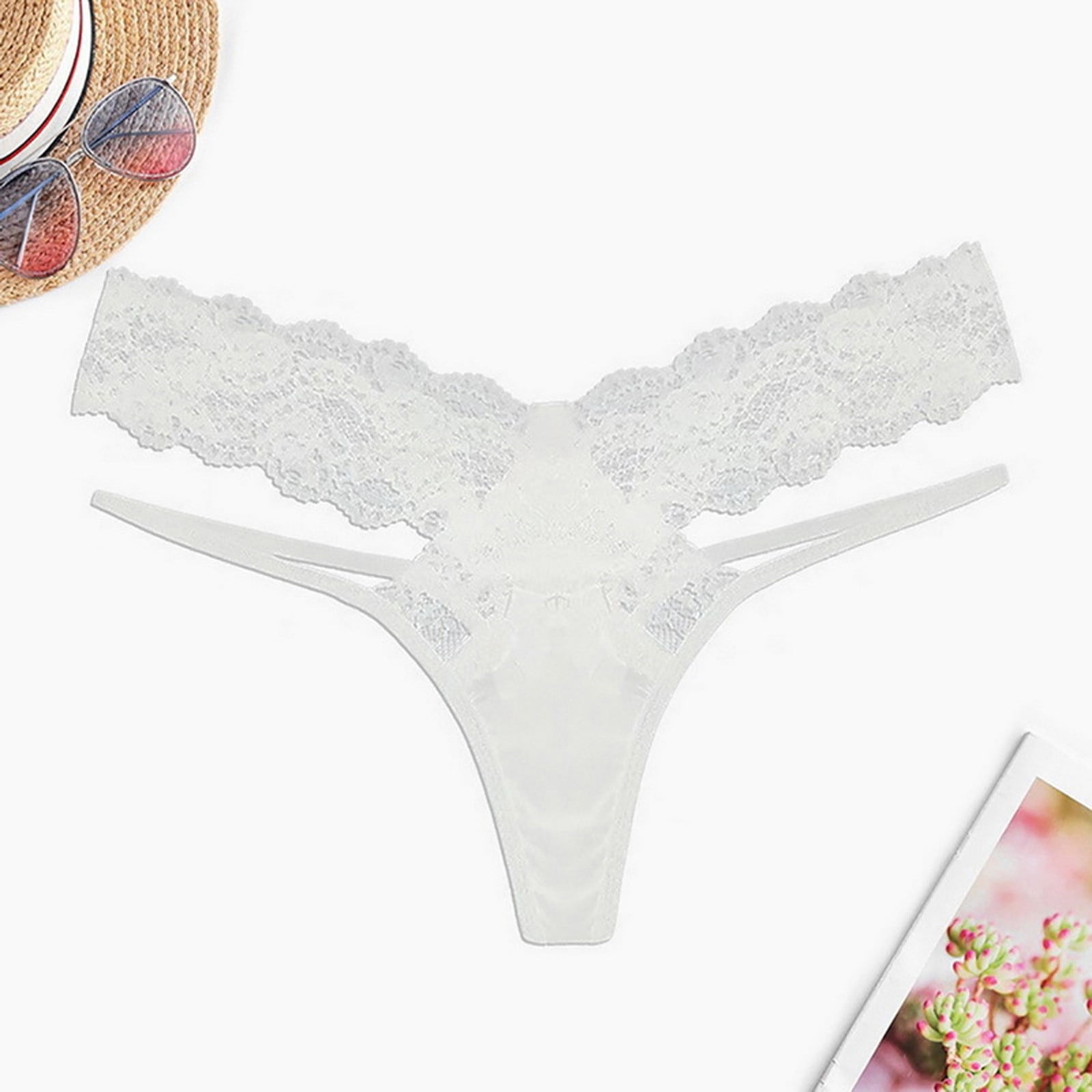 Guzom Underwear for Women Lace G-String Thongs Lace High Cut Tanga Cheeky  Low Rise Hipster Briefs- White Size M 