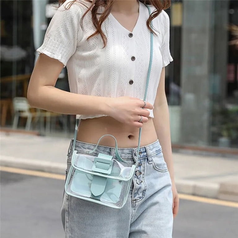 Women's Clear PVC Bucket Bag With Vegan Leather Trim - Top Handle & Crossbody Shoulder Bag, Stadium Approved