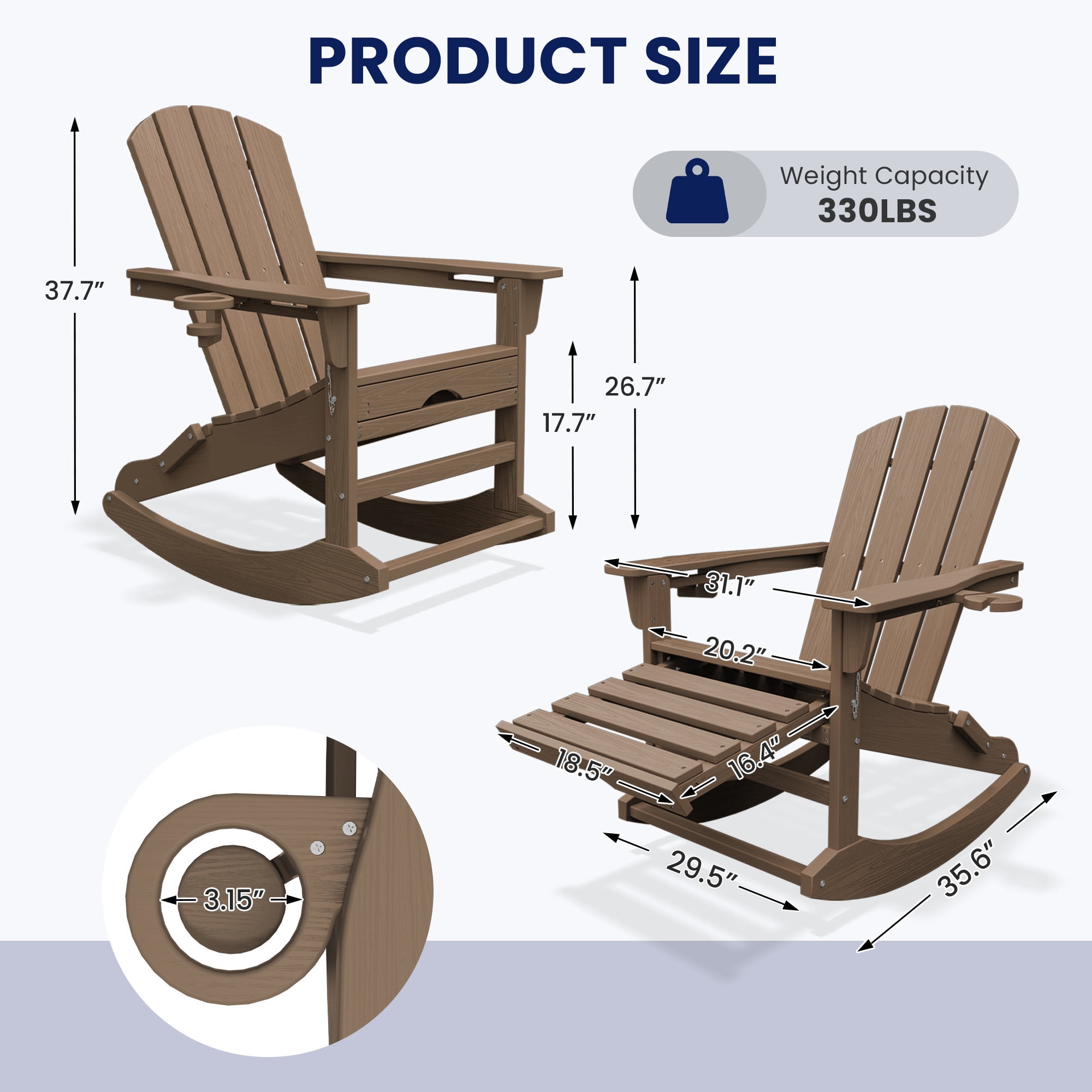KINGYES Adirondack Rocking Chair Set of 2 with Retractable Ottoman and Cup Holders, HDPE Adirondack Rocker, Patio Rocking Chair for Porch, Patio, Brown