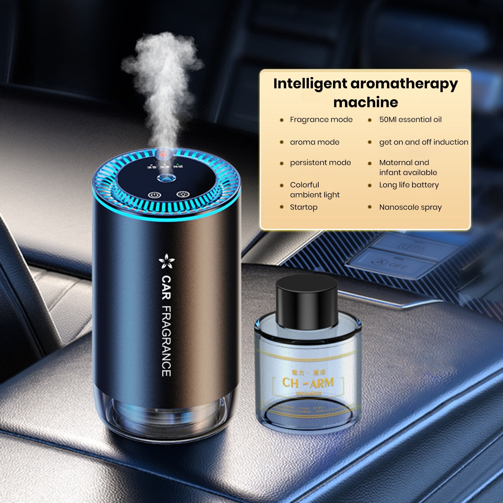 Pebbuoy Smart Car Air Freshener Essential Oil Diffuser Nano Atomization Auto On/Off Rechargeable Automobile Aromatherapy Machine