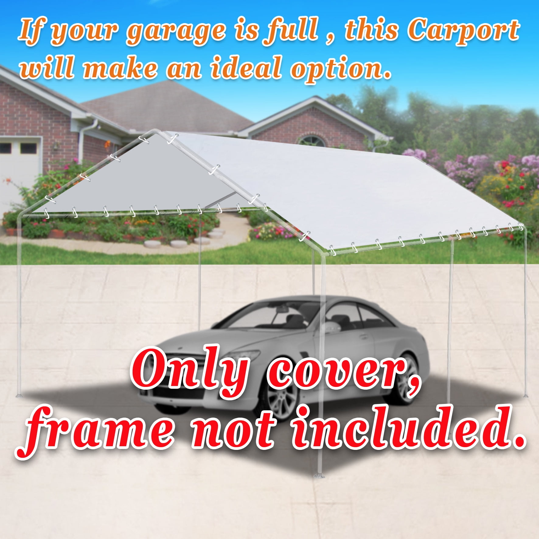 SUNNY 10'x20' Carport Replacement Canopy Cover for Outdoor Tent Garage Shelter, w/ Cable Ties (without edge)