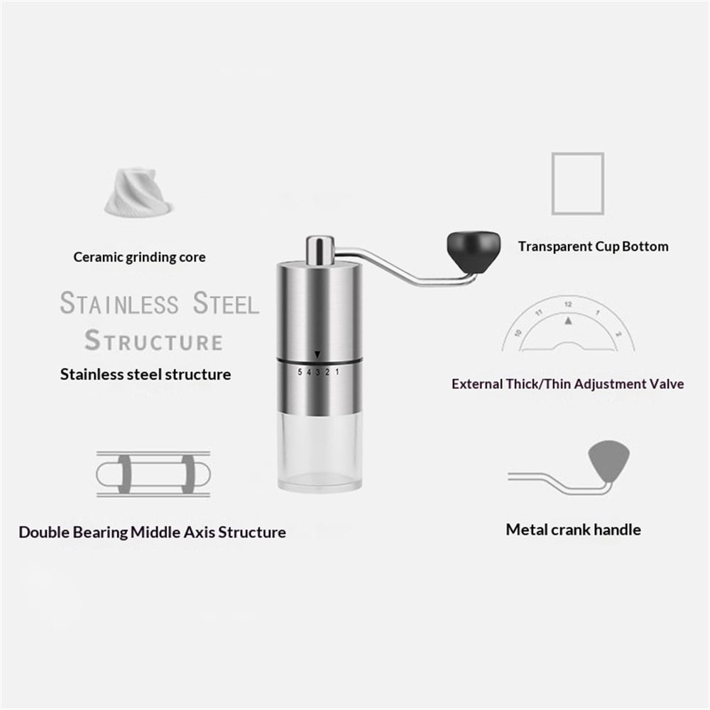 Stainless Steel Manual Coffee Grinder For Drip,5 Adjustable Settings, For Home Use and Camping (Stainless Steel -Sliver)