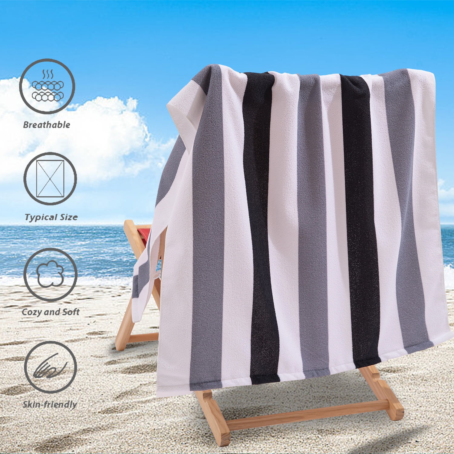 Smuge 4 Pack Oversized Cabana Stripe Beach Towels, 60x30 inches Microfiber Lightweight Outdoor Large Swim Towel for Adults (Black Gray Green)