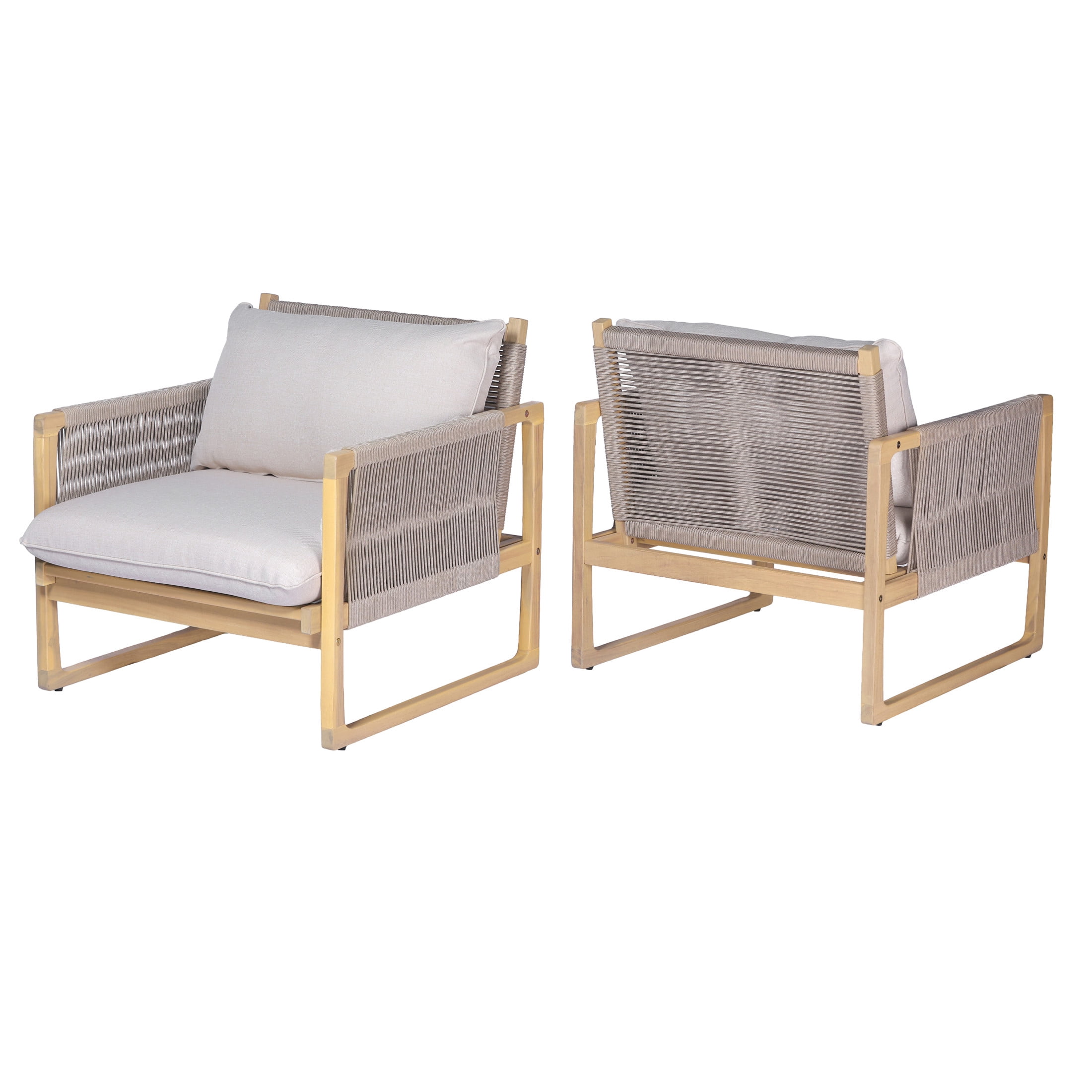 Christopher Knight Home Modern Wood Outdoor Club Chair, Rope Accents and Beige Cushions, Light Teak, Set of 2