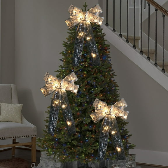 ZhyrZng Light up Christmas Tree Topper Bow, Printed with Star Pattern Christmas Bows with Gold Silver Edge for Holiday Xmas Tree Gift Wrapping Decorations(No LED Lights!!!)
