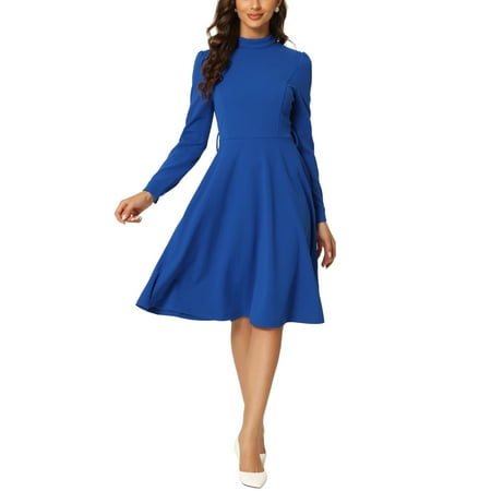 Allegra K Women s Wear to Work Elegant Mock Neck Long Sleeve Self Tie Waist Knit Midi Dress