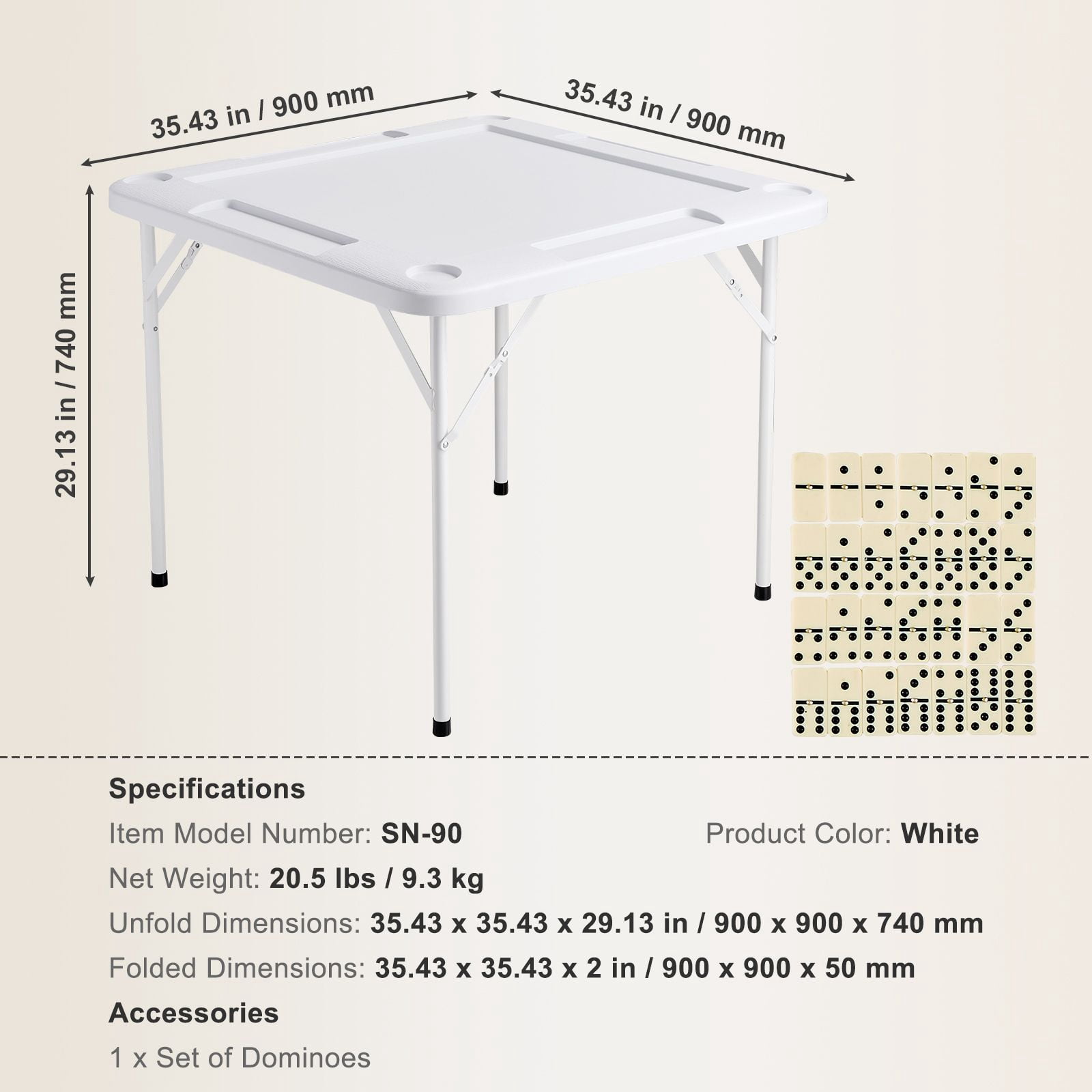 Mahjong Table, Square 4 Player Folding Card Table with 4 Cup Holders & 4 Chip Trays, Portable Domino Game Table with 1 Set of Dominoes for Mahjong Poker Puzzles, 35.4 x 35.4-inch, White