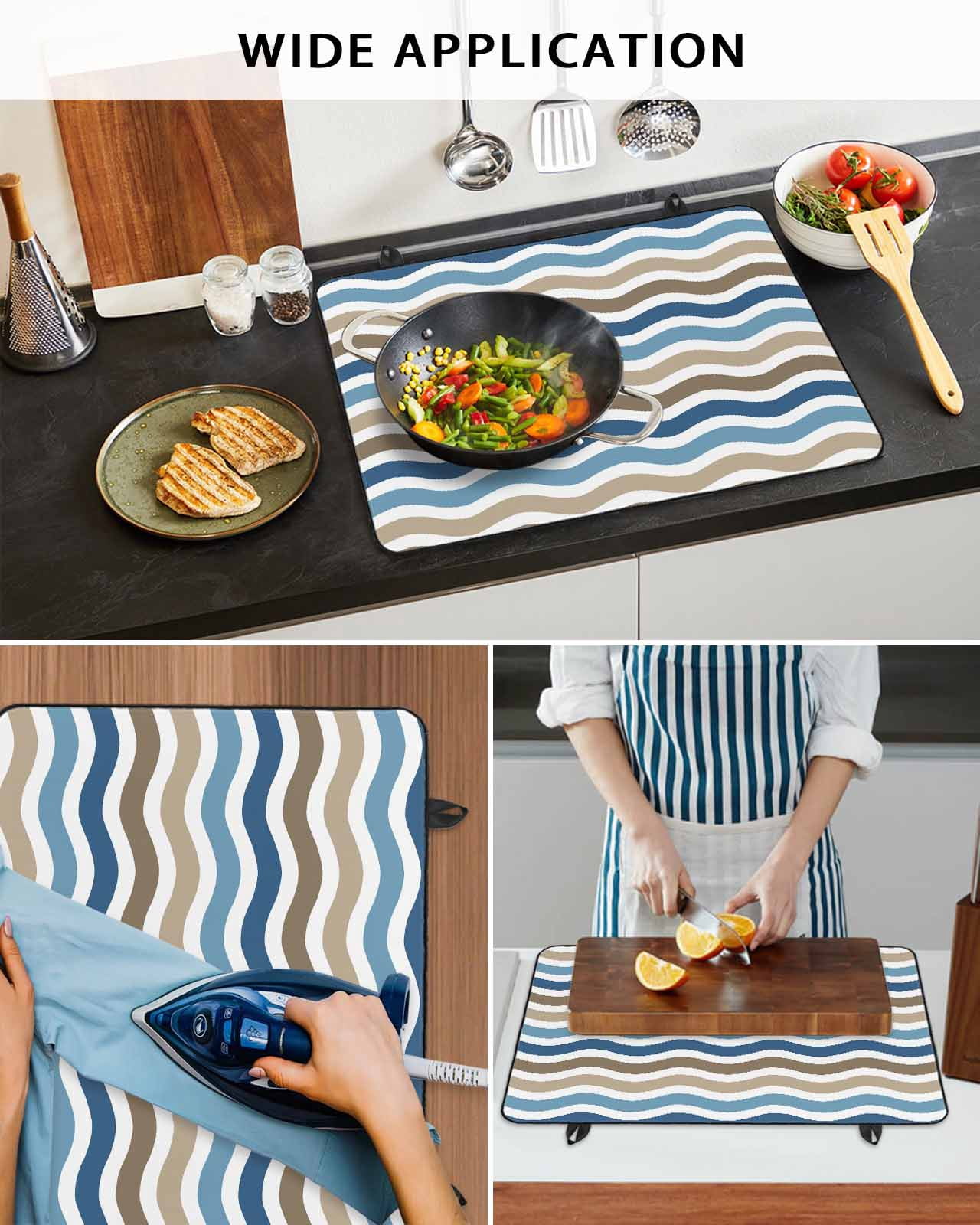 nqOlkjepod Large Induction Cooktop Protector Mat 36"x21", Blue Brown White Ombre Stove Top Covers for Electric Stove, Modern Geometric Gradient Ocean Striped Stove Burner Cover Mats Stove Cover