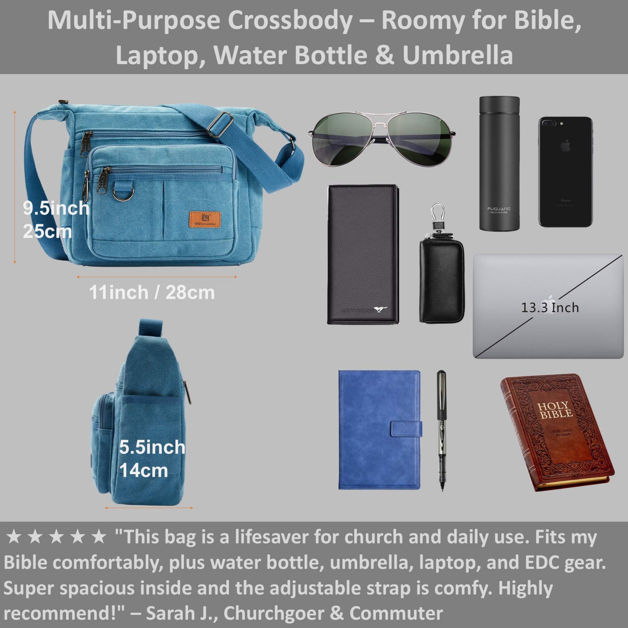 Crossbody Messenger Bag for iPad Pro 12.9 inches, Rfid Shoulder Purse w/Water Bottle Holders, 13 inch Laptop Briefcase, Built-in Wallet With AirTag Case Blue