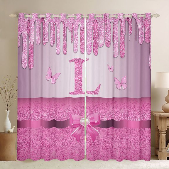 Manfei Kawaii Bowknot Alphabet L Black Out Curtains for Female Women Teens,Bling Glitter Splash Curtains Pack of 2 (42x63 Each),Flying Butterfly Bedroom Curtains,Dreamy Princess Room Decor