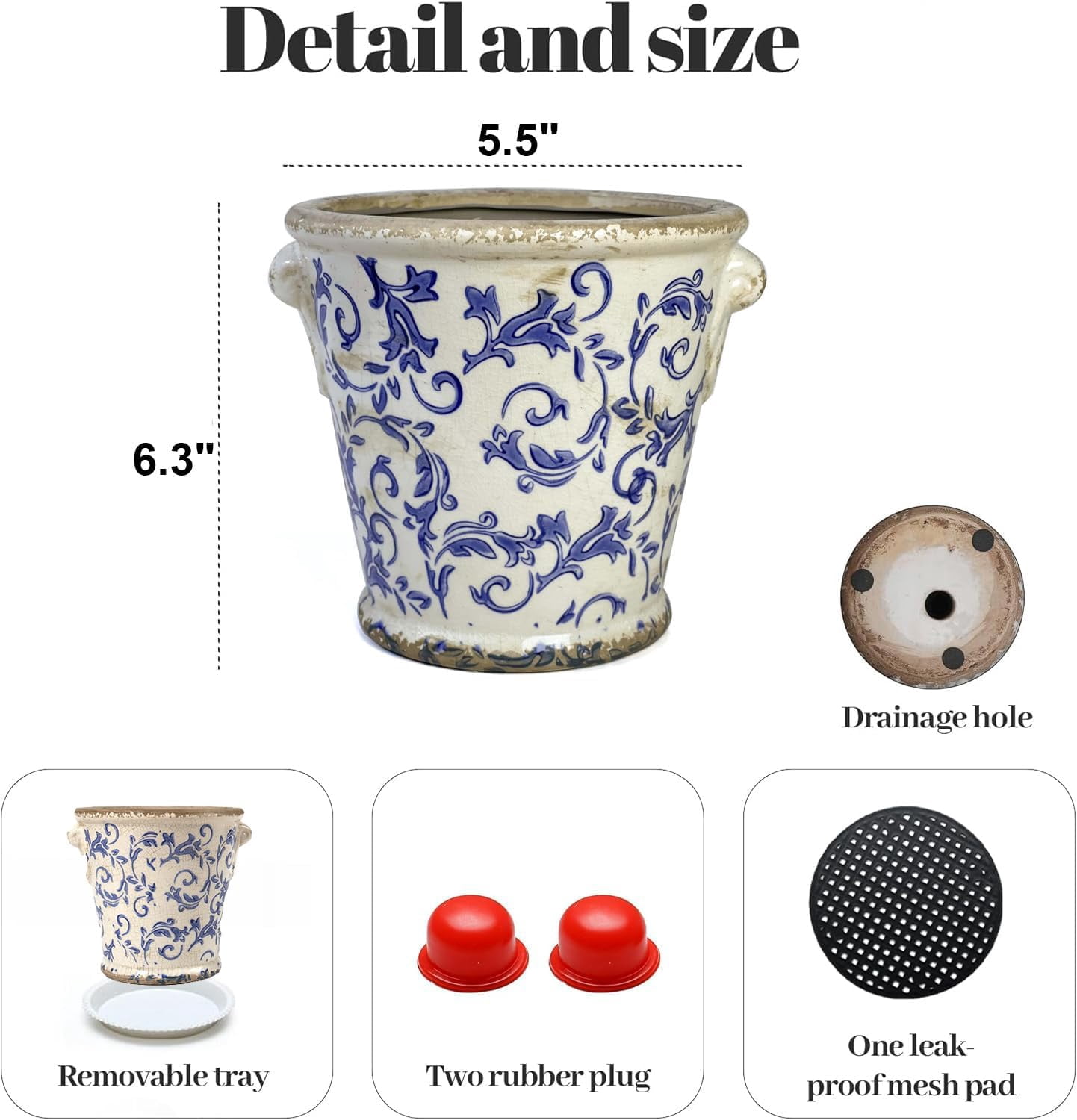 Vintage Planter Flower Pot Rustic Container with Handle Ceramic Ice Crack Plant Pot with Drainge Hole Decorative Planter for Indoor and Outdoor Tuscan Decor Vase Gardening Gift (Blue)
