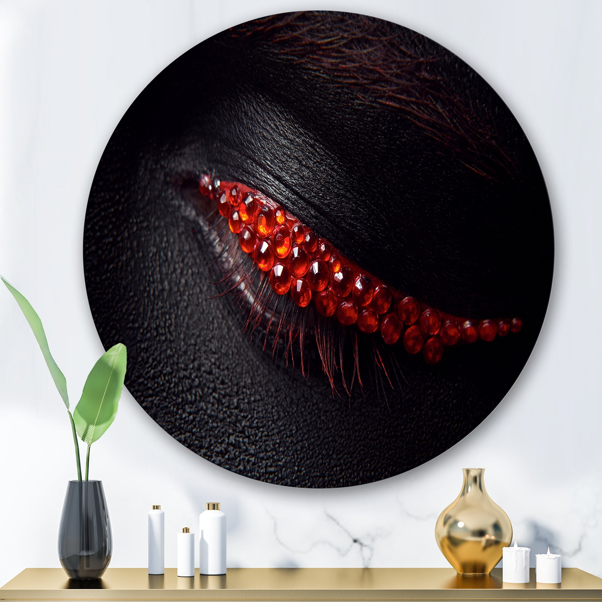 Designart 'Beautiful Black Skin Female Eye With Red Diamonds' Modern Circle Metal Wall Art 29x29 - Disc of 29