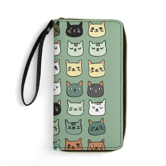 Womens Wallet Bifold Ladies Cluth Bag Wristlet Wrist Strap Long Purse Cats Doodle Design