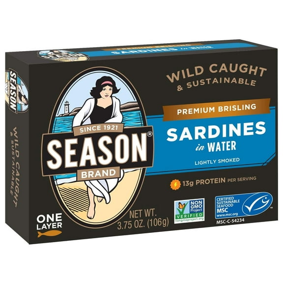 SEASON Brand Wild Caught Brisling Sardines in Water - 3.75 Oz, 12 Pack