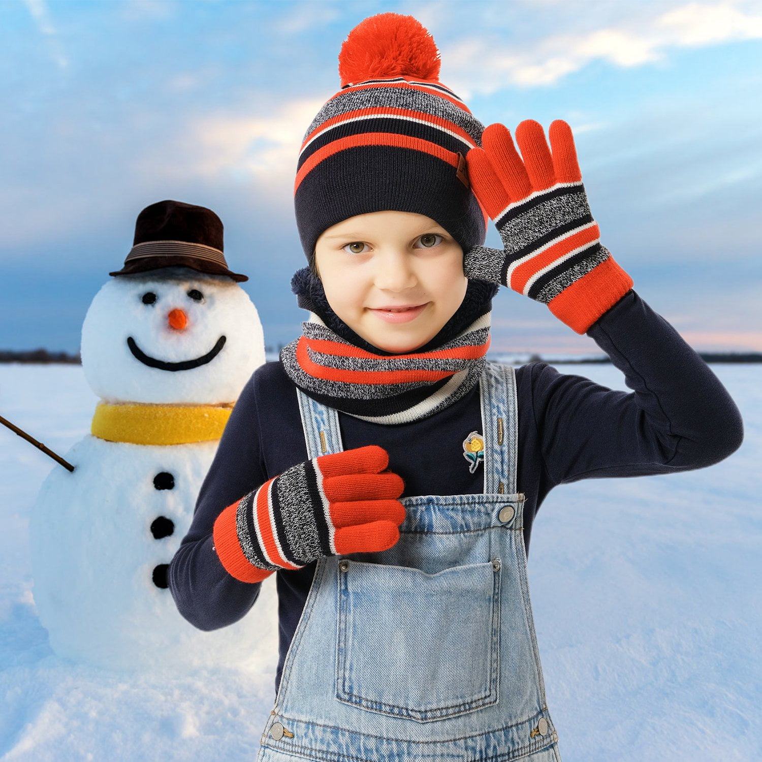 Kids Winter Warm Knit Hat Scarf Gloves Set TeqHome Beanie