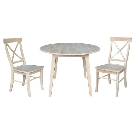 42" Round Solid Wood Dual Drop Leaf Table with 2 Chairs in Unfinished