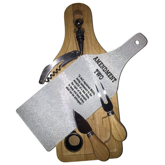 KuzmarK Wine & Cheese Glass Cutting Board Wood Box Gift Set - Amendment Two