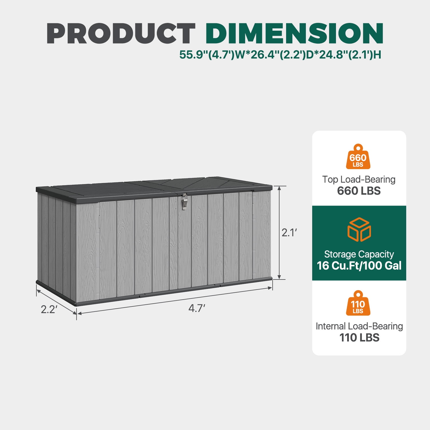 Dateyes 21 Cu.Ft Outdoor Storage Shed, Waterproof Resin Cabinet with Floor for Patio, Garden & Pool, Gray