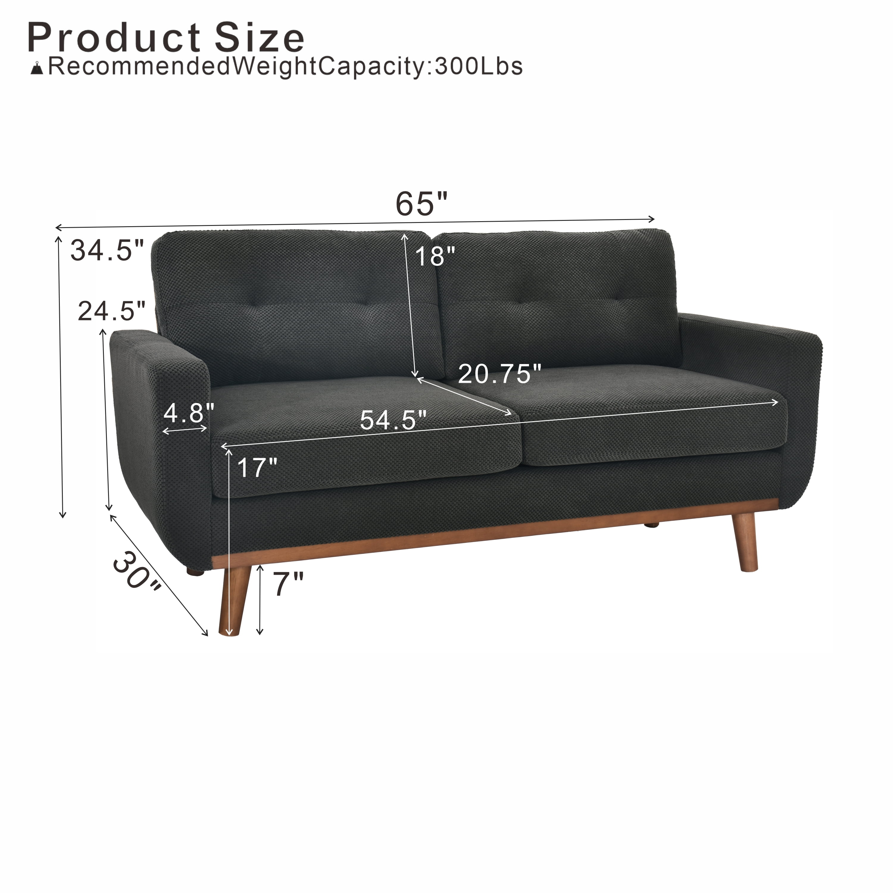 Leumius 65" Modern 2-Seater Sofa Upholstered Loveseat Sofa Couch with olid Wood Legs for Living Room,Apartment,Bedroom,DARK GREY