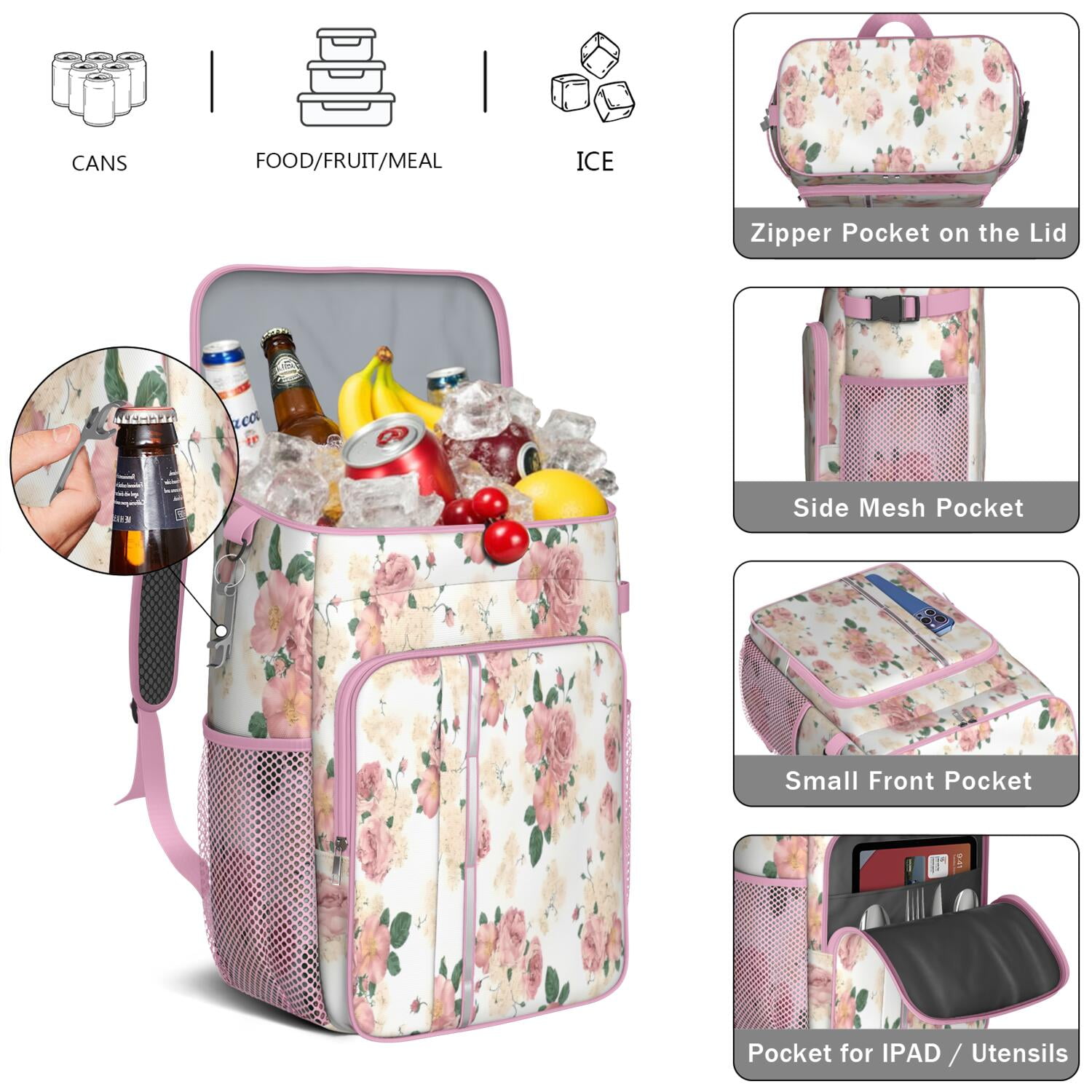 Travel Cooler Bag - Pioneer Flower Floral Print Pattern Camping Beer Cooler Backpack with Bottle Opener- Waterproof Insulated Picnic Backpacks - Cooler Bag for Beach