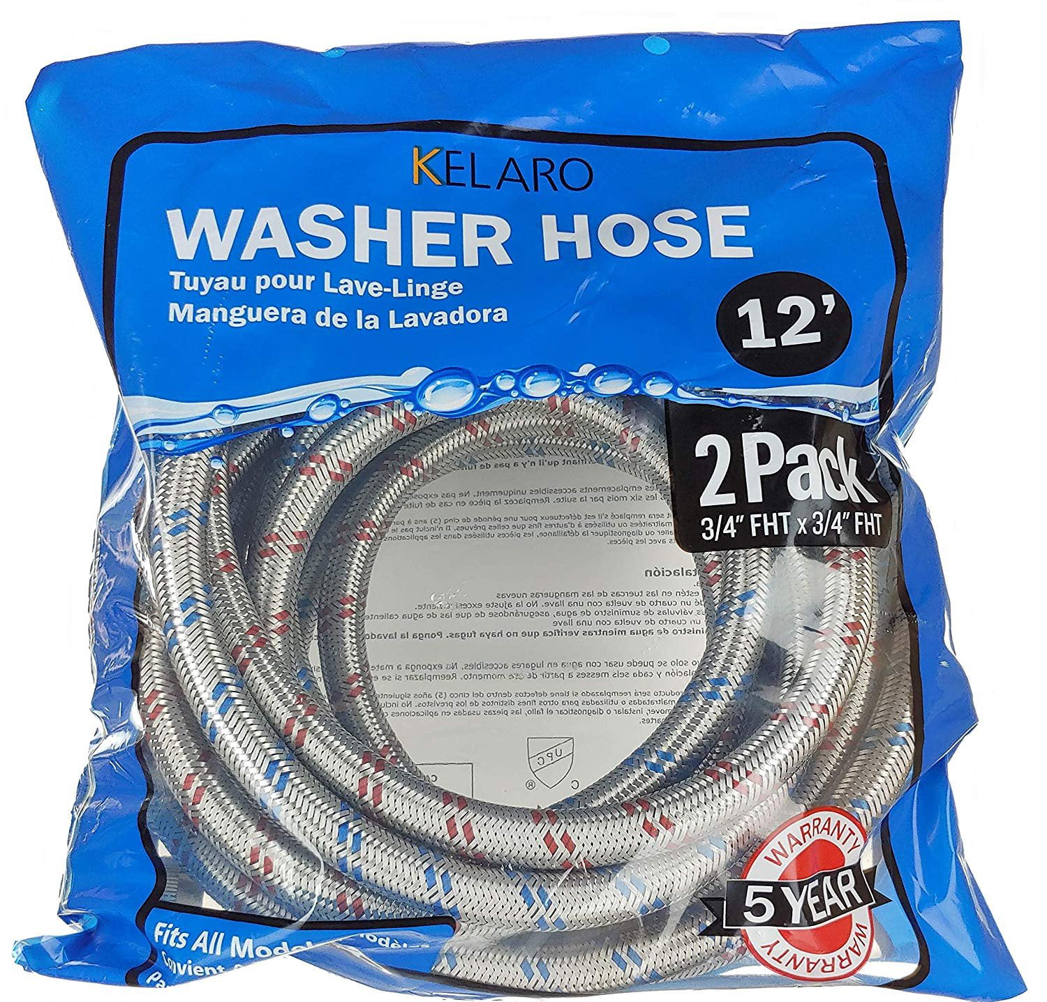 2 Pack Red and Blue Striped Water Connection Inlet Supply Lines 10 Ft Burst Proof Lead Free Premium Stainless Steel Washing Machine Hoses with 90 Degree Elbow 