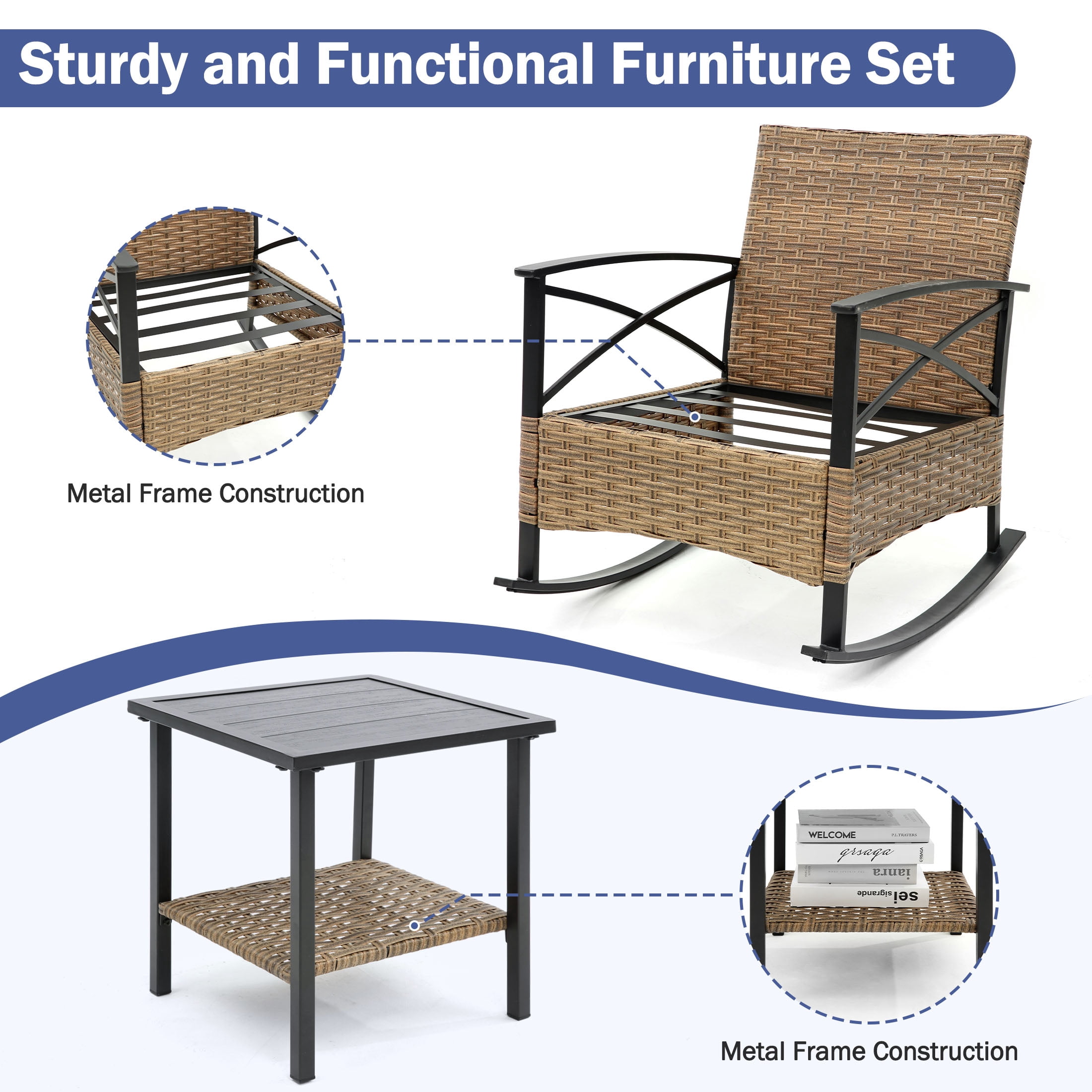 Segmart 3 Pieces Outdoor Patio Bistro FurnitureSet, PE Wicker Rattan Front Porch Conversation Chairs with Cushions Outside & Coffee Table, Max Weight 250LBS, Gray
