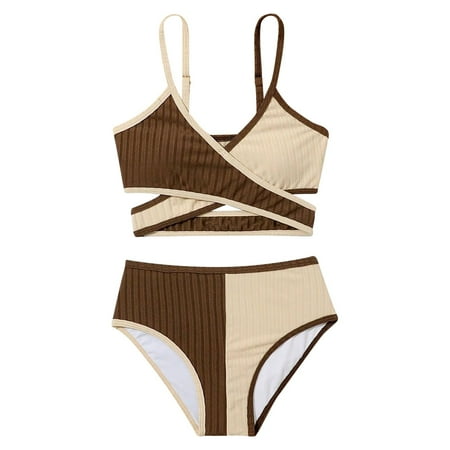 Toimothcn Girl s Swimsuit Sleeveless Casual Patchwork Color 2 Piece Bikini Set Quickly Dry Cover Up Swimwear 11-12 Years